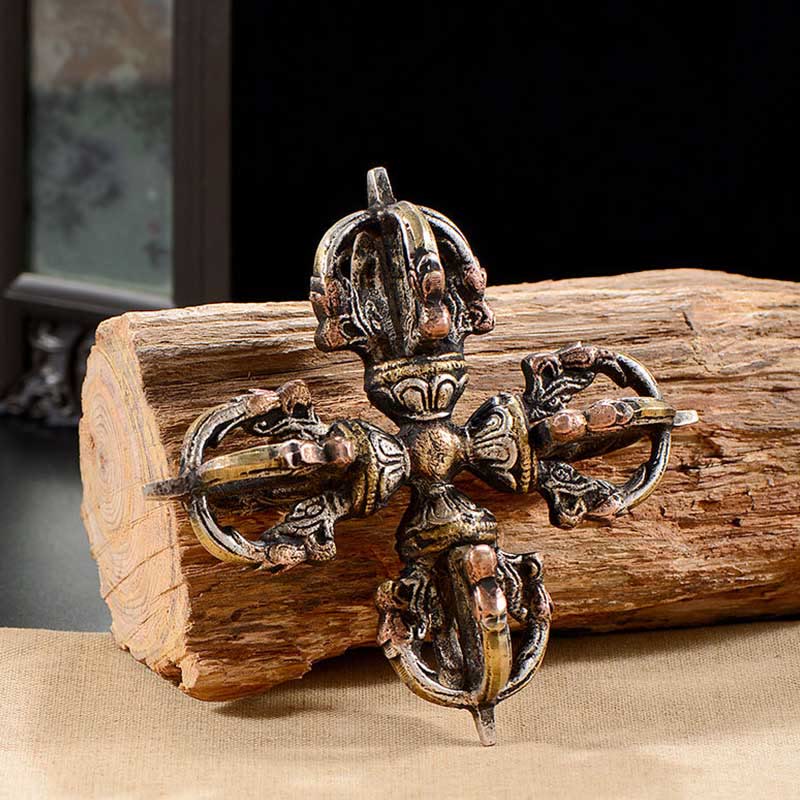 Buddha Stones Tibetan Handmade 5 Prong Double Dorje Copper Iron Thunderbolt Strength Vajra