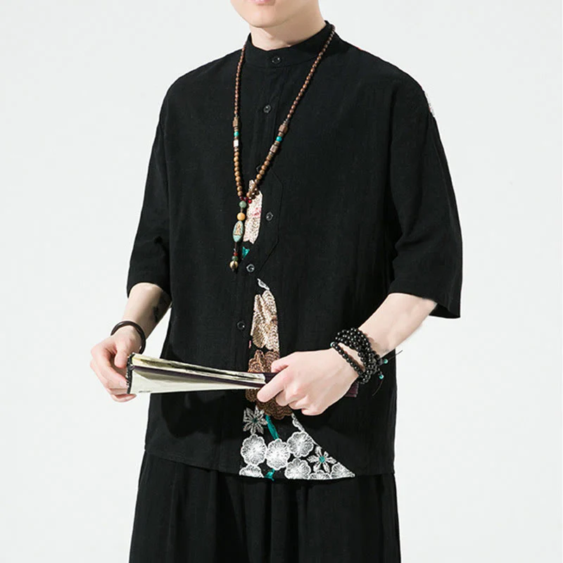 Buddha Stones Embroidery Patchwork Simple Design Three Quarter Sleeve Men's Cotton Linen Shirt