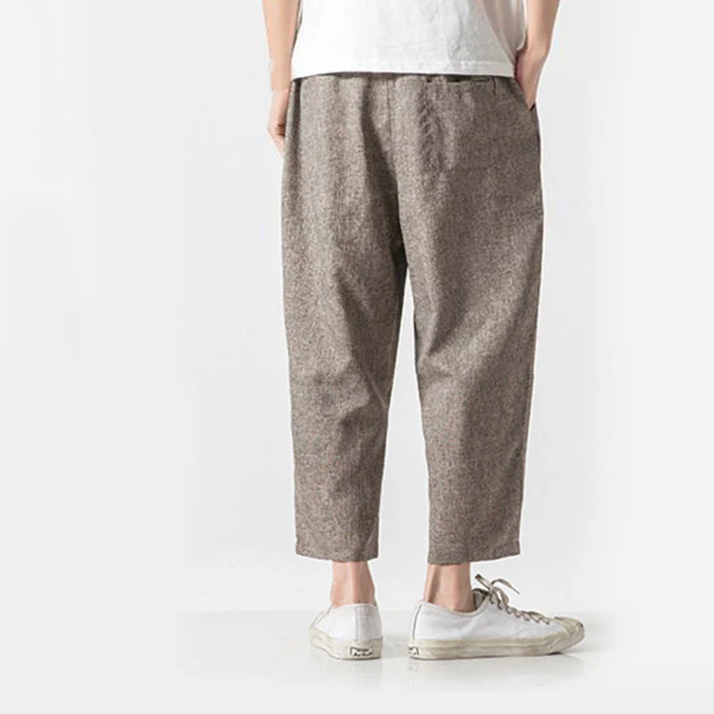Buddha Stones Summer Plain Men's 7-8 Length Cotton Linen Pants With Pockets