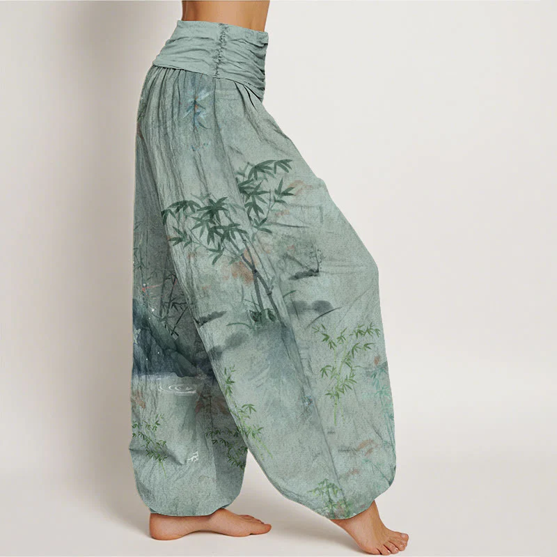 Buddha Stones Casual Bamboo Rock Ink Painting Women's Elastic Waist Harem Pants