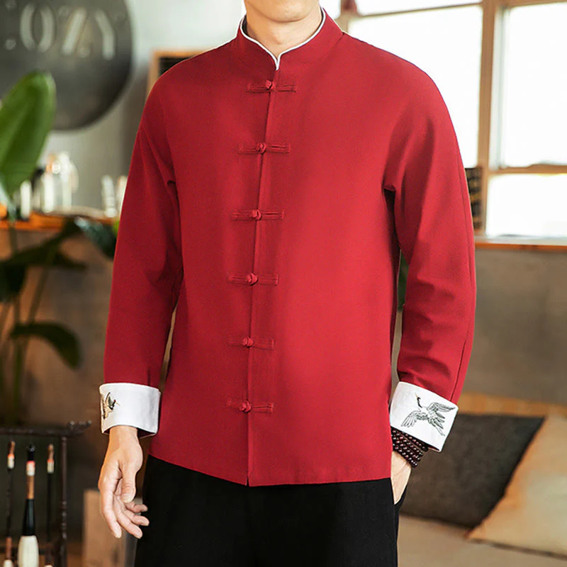 Buddha Stones Tang Suit Frog-Button Crane Embroidery Long Sleeve Cotton Men's Shirt