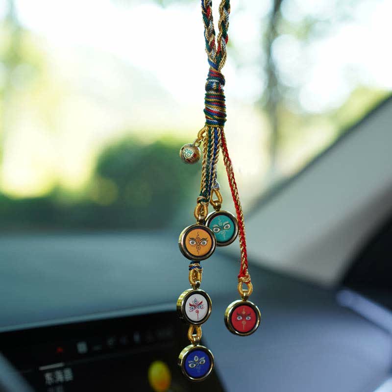 Buddha Stones Tibet Handmade Five God Of Wealth Thangka Protection Wall Car Hanging Decoration