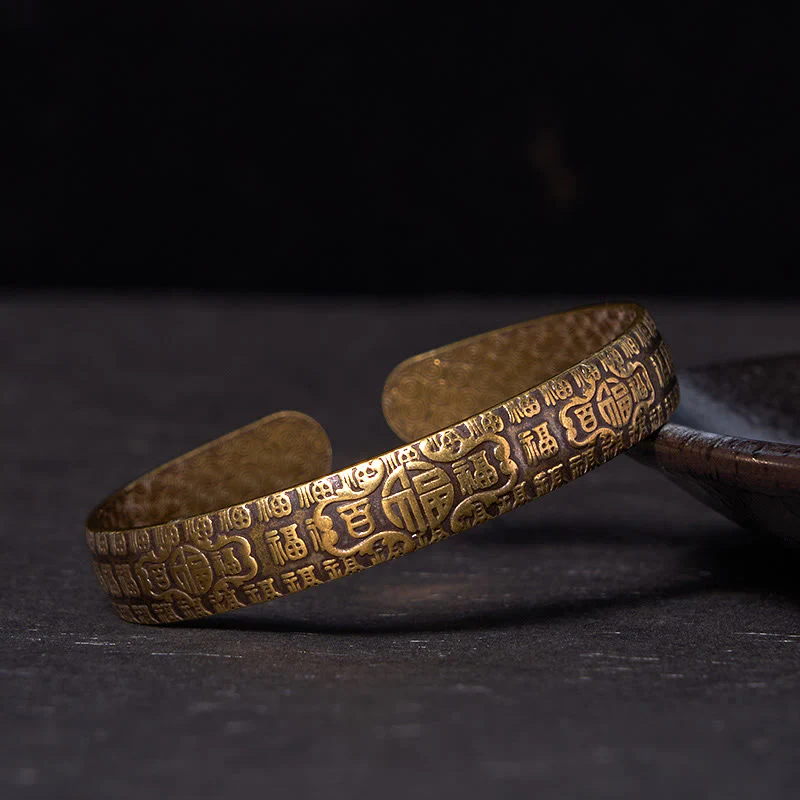 Buddha Stones Hundred Blessings Fu Character Copper Brass Luck Bracelet Bangle