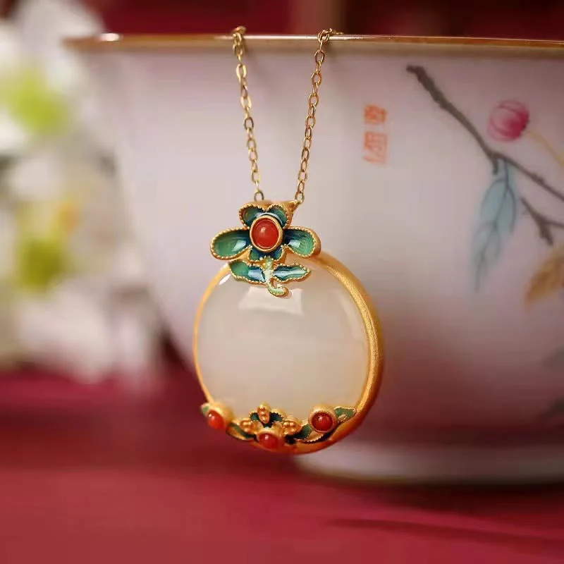 Buddha Stones White Jade Red Agate Flower Blessing Luck Necklace Pendant