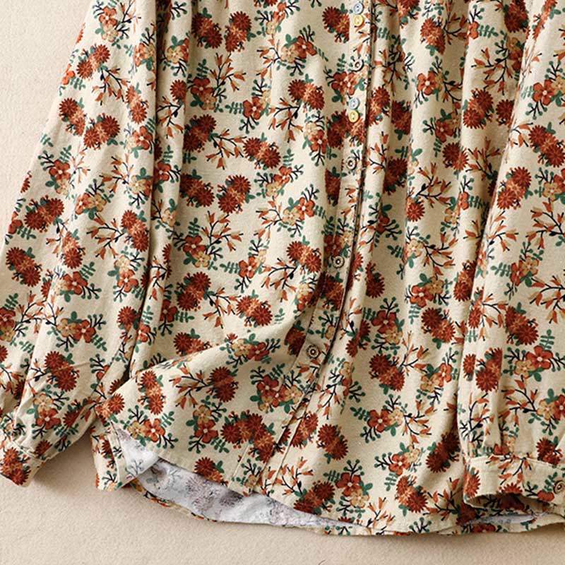 Buddha Stones Casual Florals Crew Neck Cotton Linen Women's Shirt