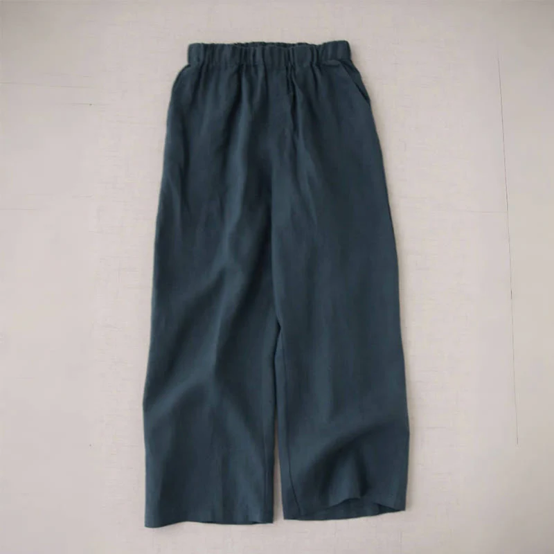Buddha Stones Wild Plain Cotton Linen Women's Wide Leg Pants With Pockets