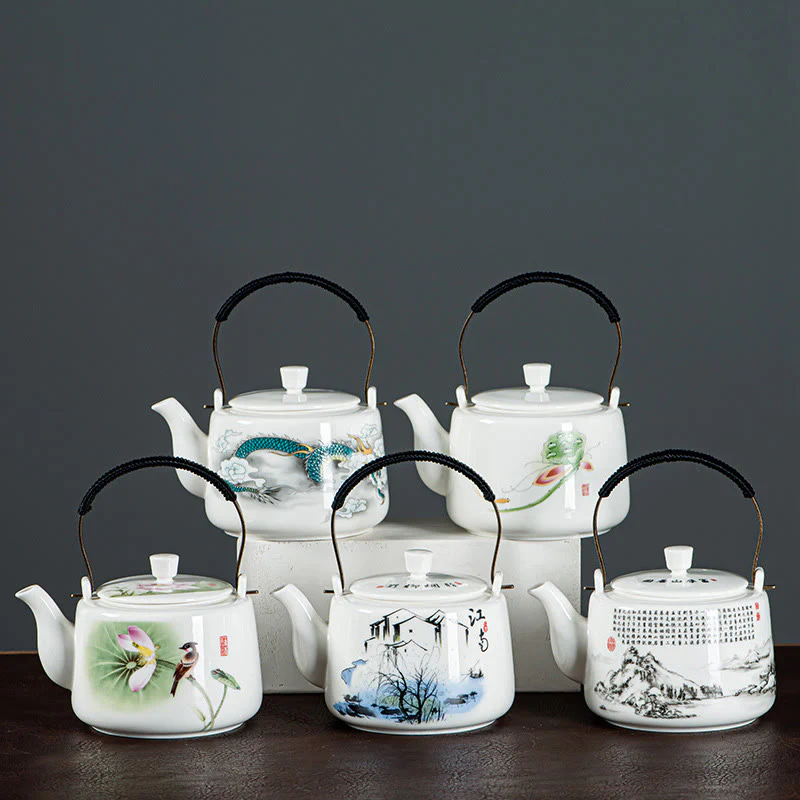 Buddha Stones Vintage Dragon Mountain Fisherman Landscape White Porcelain Ceramic Kung Fu Teapot