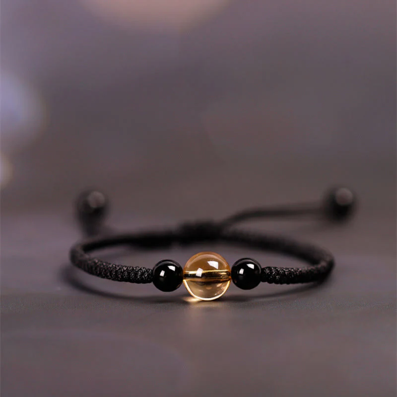 Buddha Stones Handcrafted Citrine Black Obsidian Bead King Kong Knot Peace Knot Luck Rope Bracelet