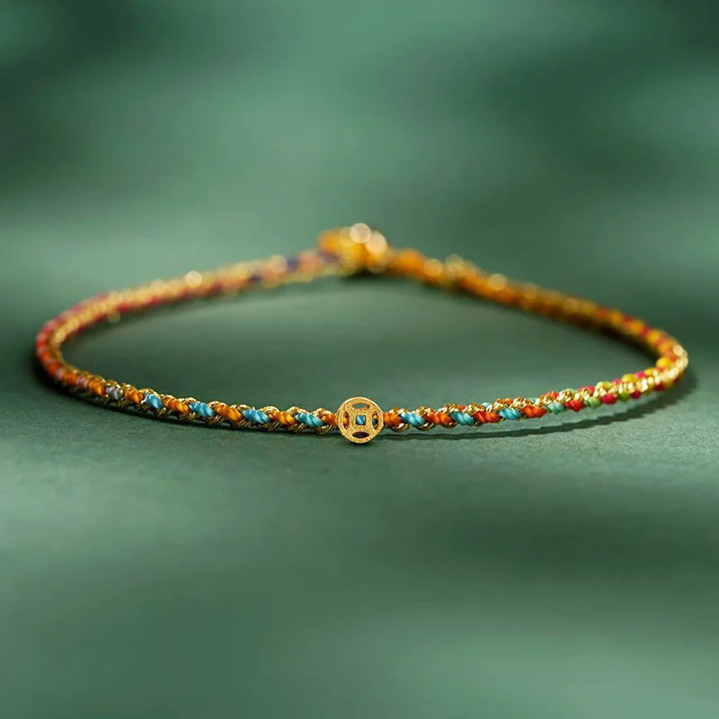 Buddha Stones Colorful Rope Luck Coin Bead Abundance Extra Thin Braided Bracelet