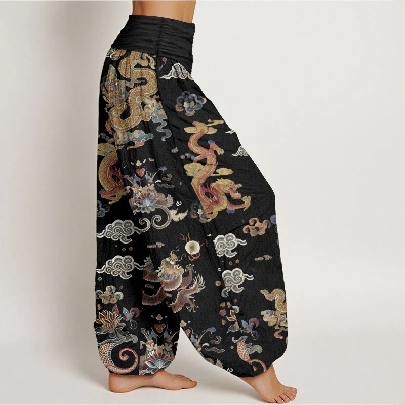 Buddha Stones Pure Cotton Golden Dragons Auspicious Clouds Design Women's Elastic Waist Harem Pants