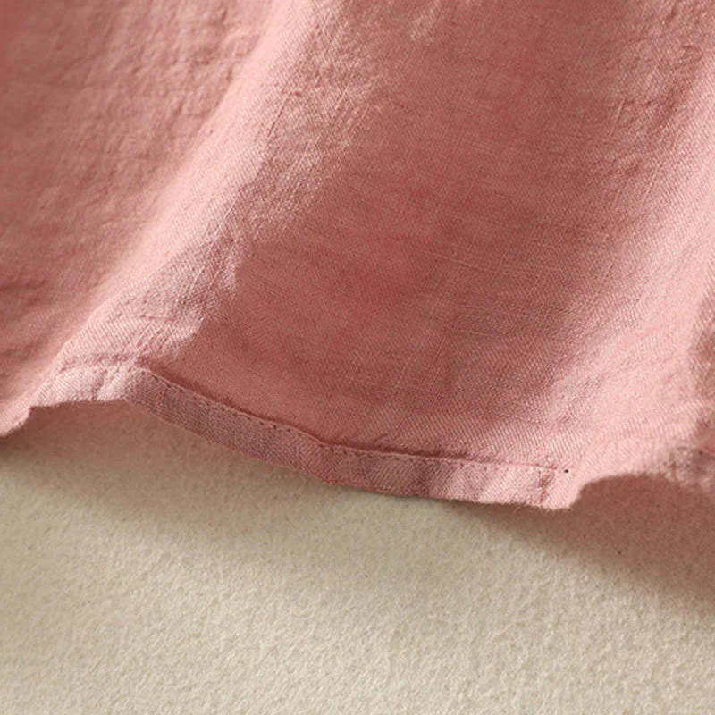 Buddha Stones Summer Plain Red Buttons Short Sleeve Women's Cotton Linen Shirt