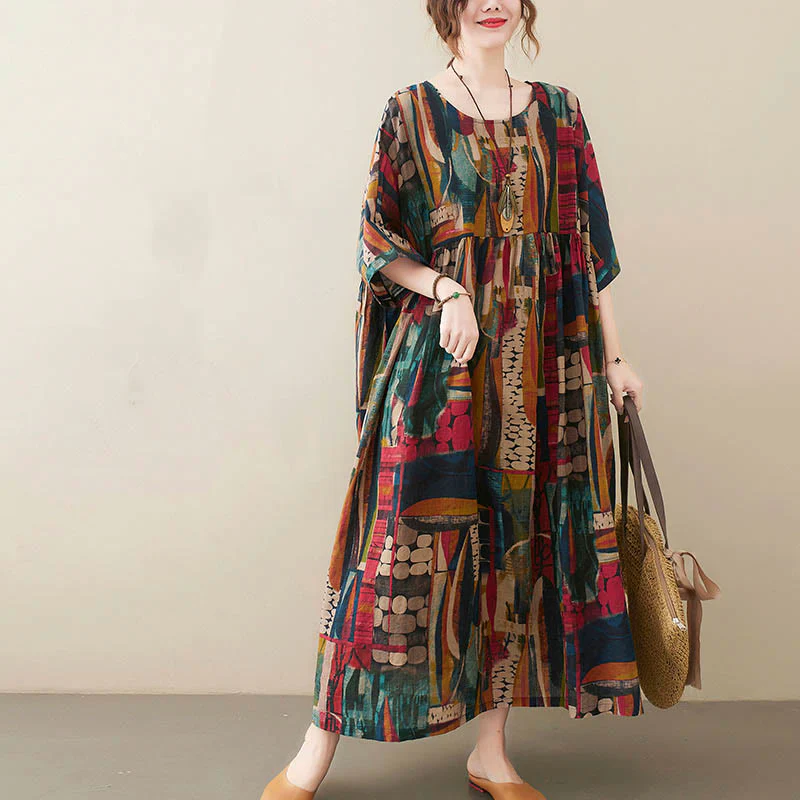 Buddha Stones Colorful Graphics Midi Dress Cotton Half Sleeve Tunic Dress With Pockets