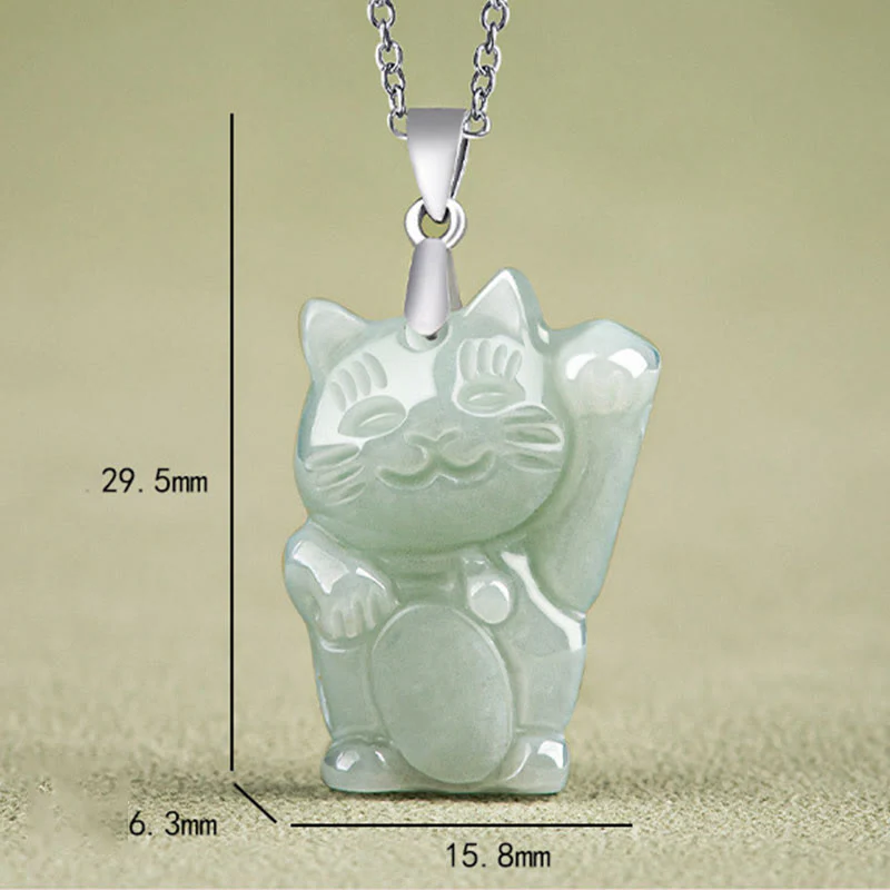 Buddha Stones 925 Sterling Silver Jade Fortune Cat Prosperity Necklace Pendant