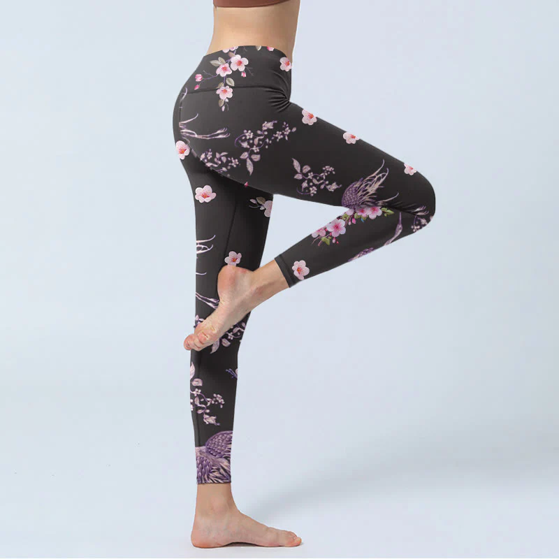 Buddha Stones Pink Flowers Flying Cranes Print Gym Leggings Women's Yoga Pants