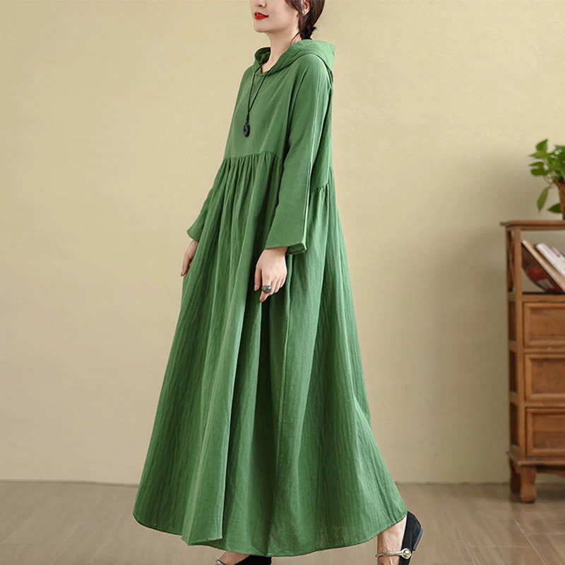 Buddha Stones Fall Hoodie Design Long Sleeve Cotton Linen Midi Dress With Pockets