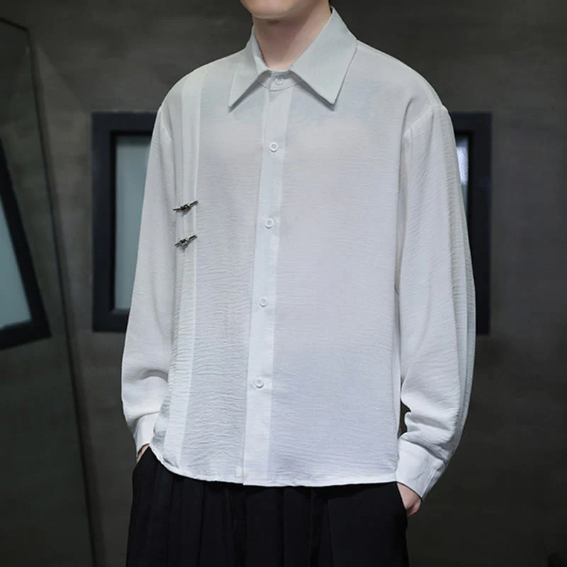 Buddha Stones Plain Buttons Stand Collar Long Sleeve Men's Cotton Shirt