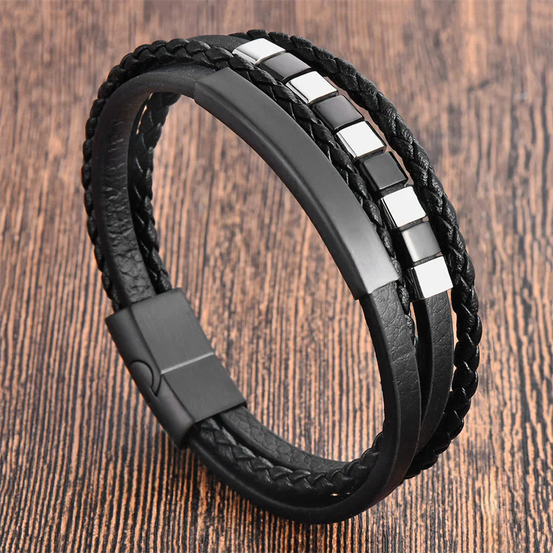 Buddha Stones Square Titanium Steel Leather Multi-layer Buckle Calm Bracelet