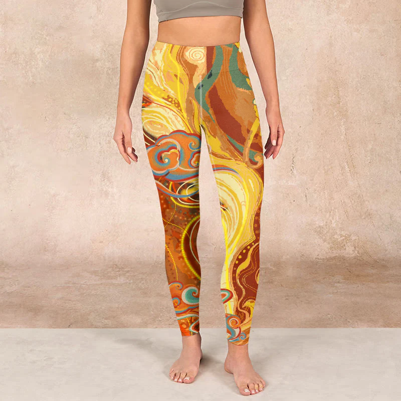 Buddha Stones Golden Auspicious Cloud Waves Print Gym Leggings Women's Yoga Pants