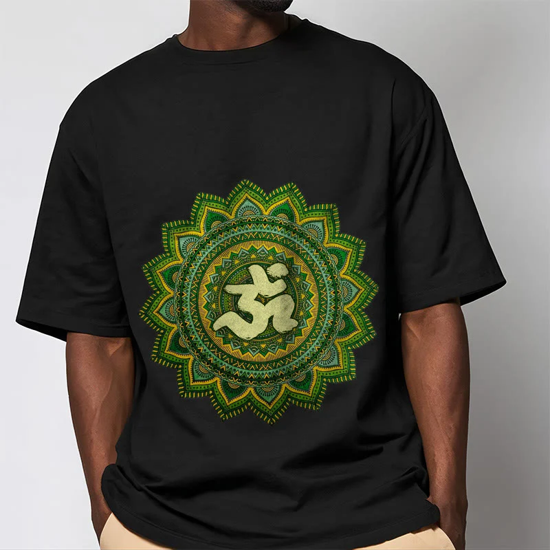 Buddha Stones Casual Green Mandala Om Symbol Pattern Cotton Tee T-shirt