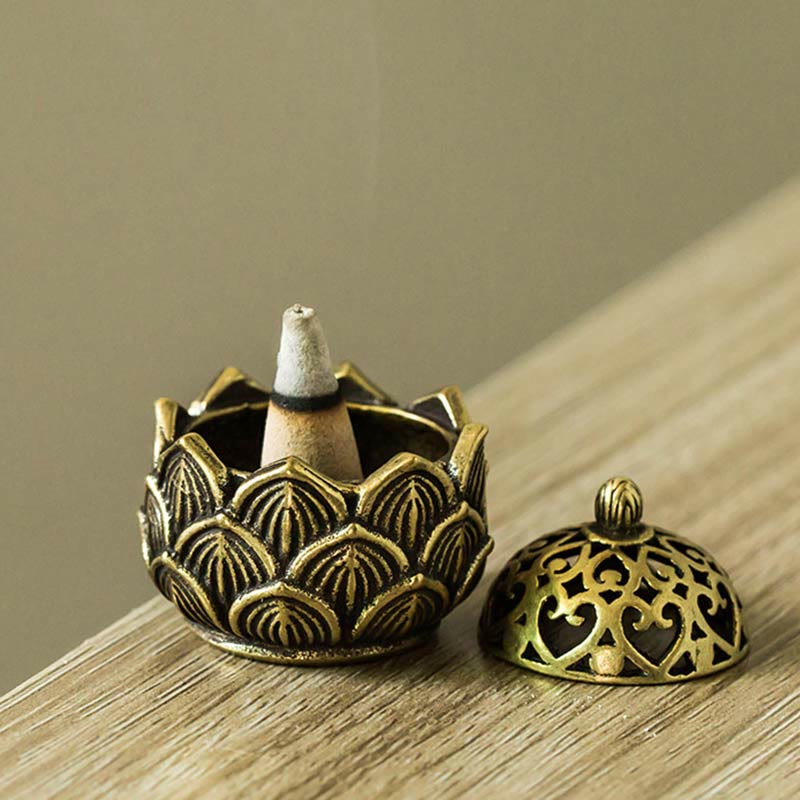 Buddha Stones Tibetan Mini Lotus Pattern Meditation Copper Incense Burner