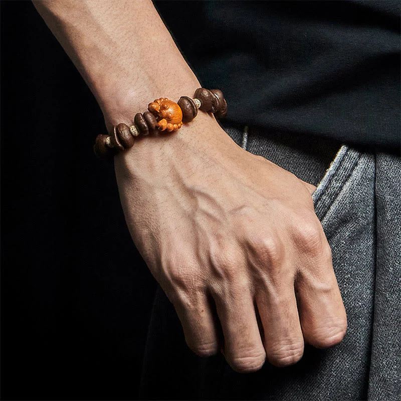 Buddha Stones Handmade Crab Copper Coins Coffee Beans Wenge Wood Bracelet