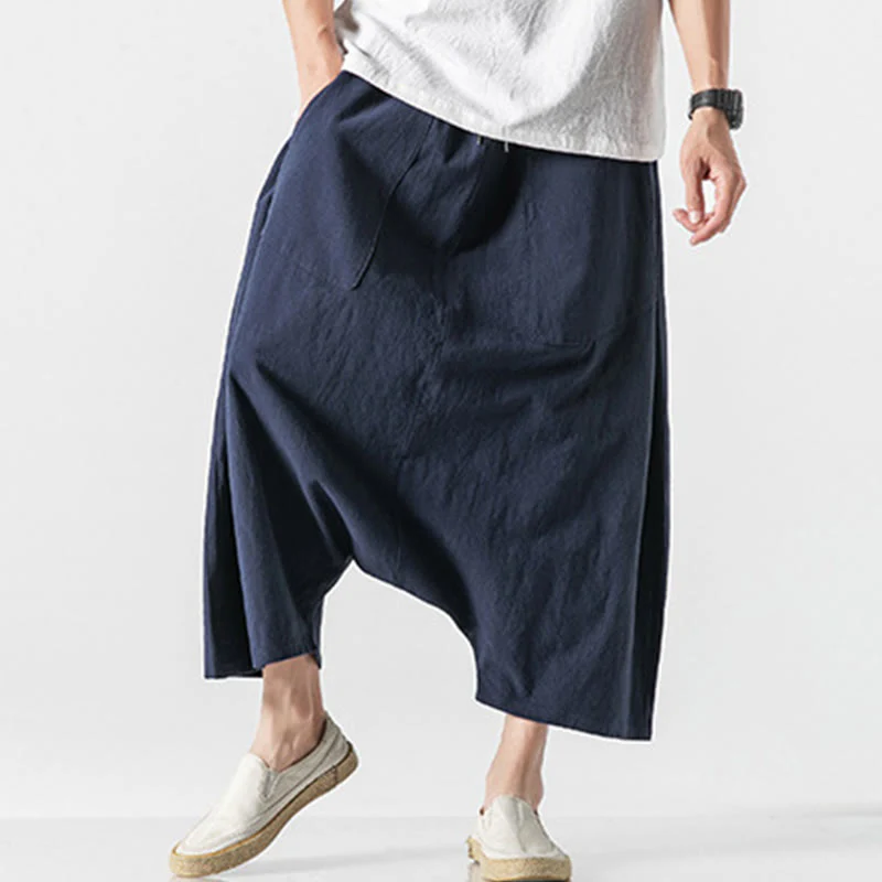 Buddha Stones Casual Low Crotch Design Drawstring Men's 7-8 Length Cotton Linen Wide Leg Pants With Pockets