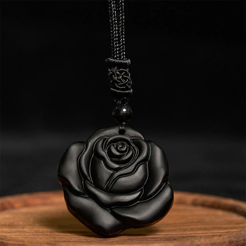 Buddha Stones Black Obsidian String Black Rose Purification Necklace Pendant