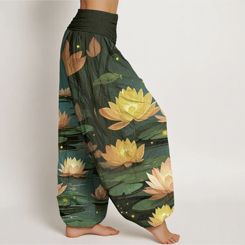 Buddha Stones Casual Peaceful Nighttime Lotus Pattern Women's Elastic Waist Harem Pants