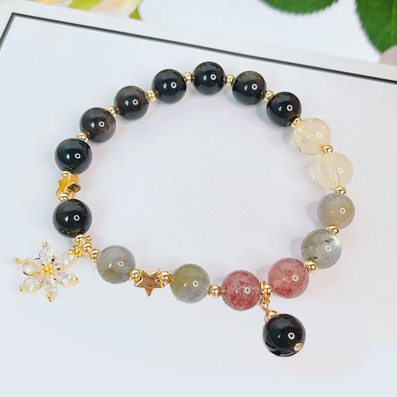 Buddha Stones Natural Silver Sheen Obsidian Love Heart Star Flower Protection Bracelet (Extra 30% Off | USE CODE: FS30)