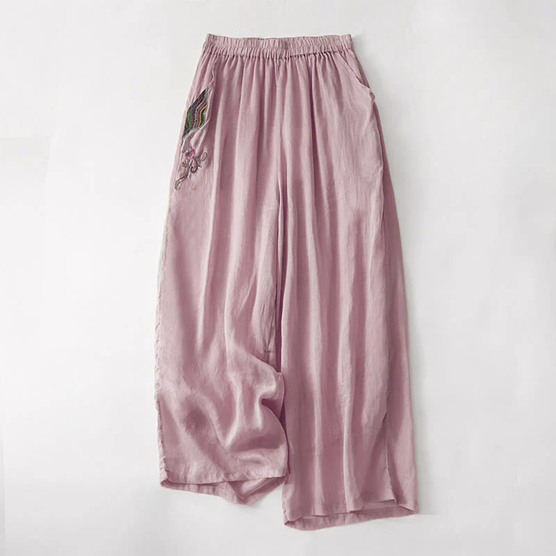 Buddha Stones Summer Embroidery Double Layer Cotton Linen Women's Wide Leg Pants With Pockets