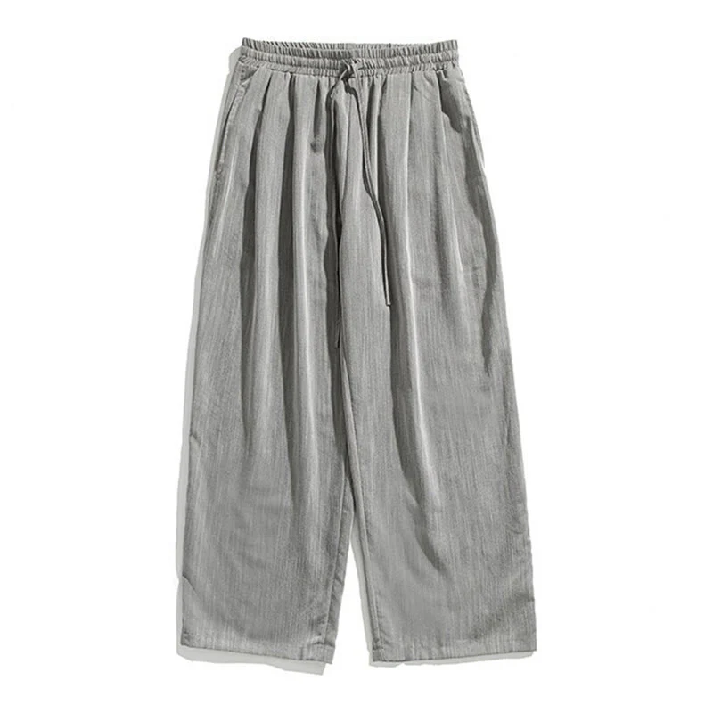 Buddha Stones Summer Casual Plain Straight Leg Design Men's Cotton Linen Drawstring Pants With Pockets