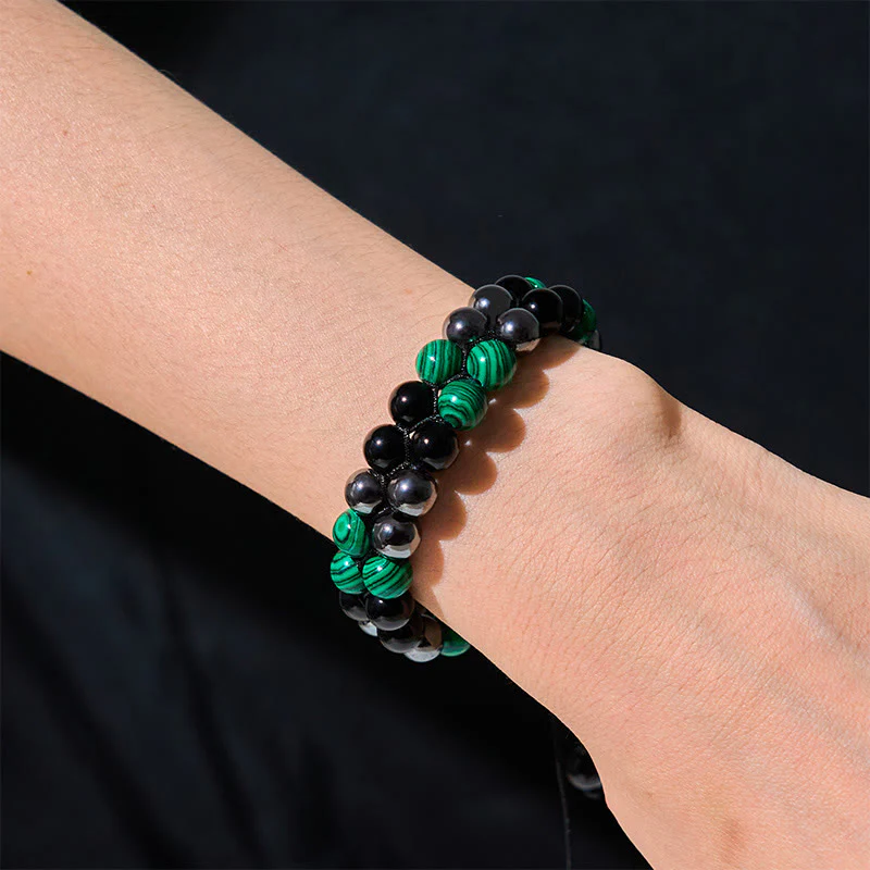 Buddha Stones Natural Malachite Black Magnetite Black Obsidian Double Row Beads Anti-Anxiety Bracelet