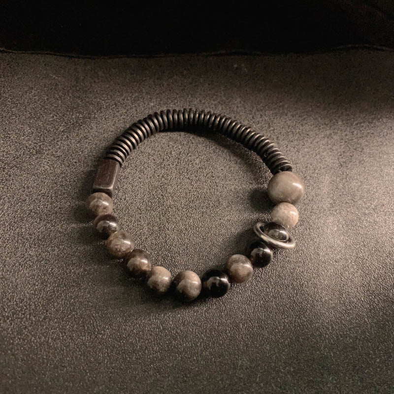 Buddha Stones Silver Sheen Obsidian Coconut Shell Protection Bracelet