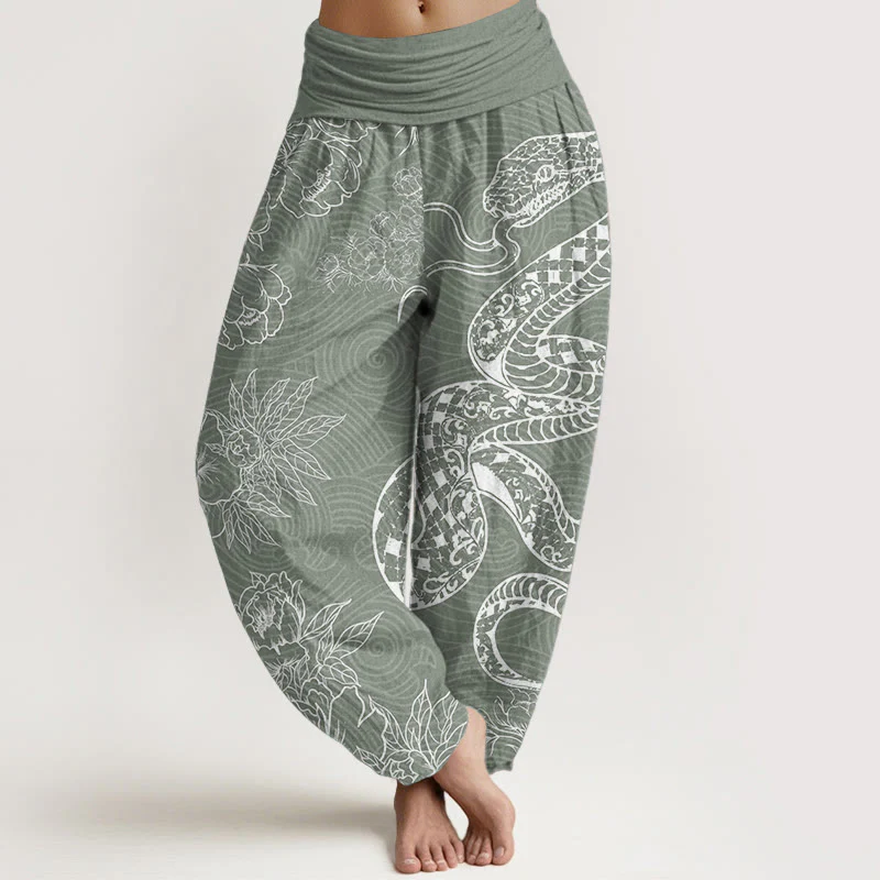 Buddha Stones Pure Cotton Snake Lotus Women's Elastic Waist Harem Pants