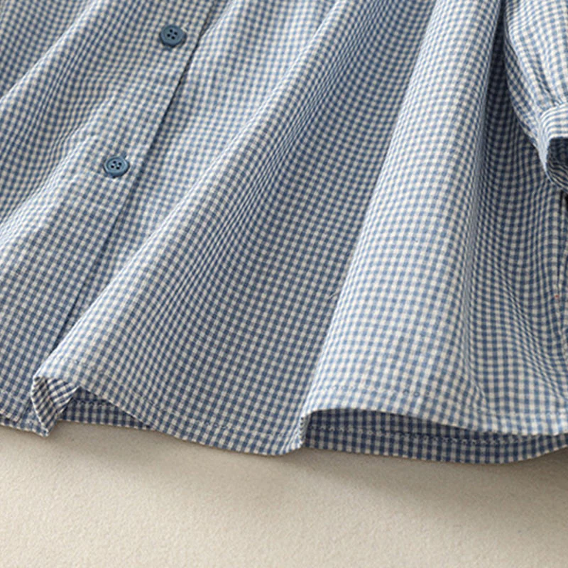 Buddha Stones Spring Plaid Ruffled Crew Neck Design Three Quarter Sleeve Cotton Women's Shirt