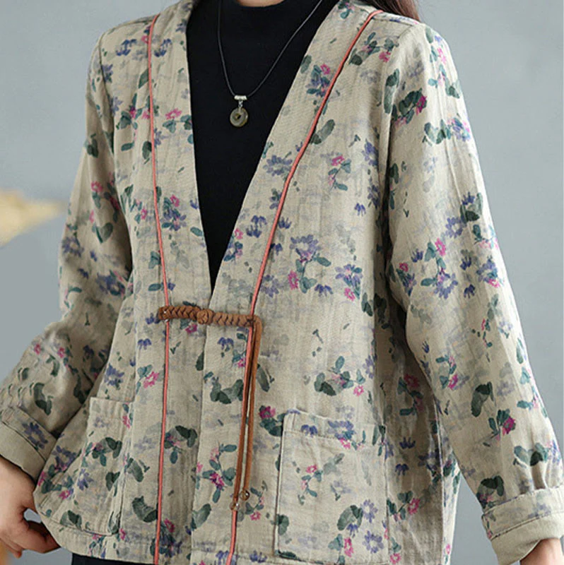 Buddha Stones Printing Floral Frog-Button Open Front Cardigan Cotton Linen Jacket With Pockets