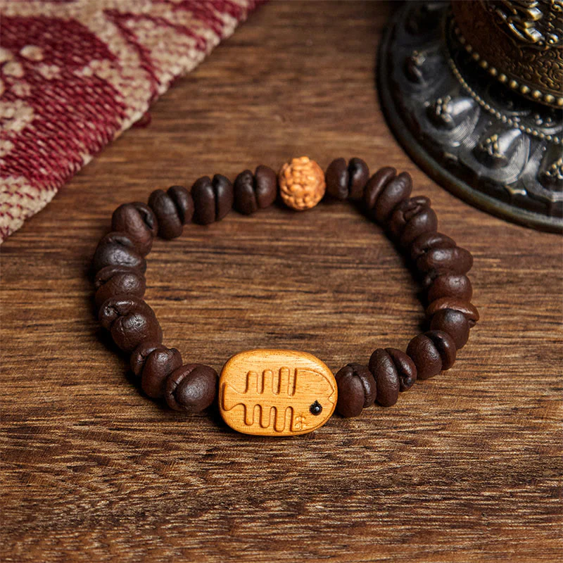 Buddha Stones Handmade Fishbone Real Coffee Beans Wenge Wood Bracelet