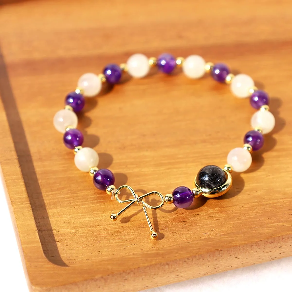 Buddha Stones Amethyst Cat Eye Black Rutilated Quartz Spiritual Bead Bracelet