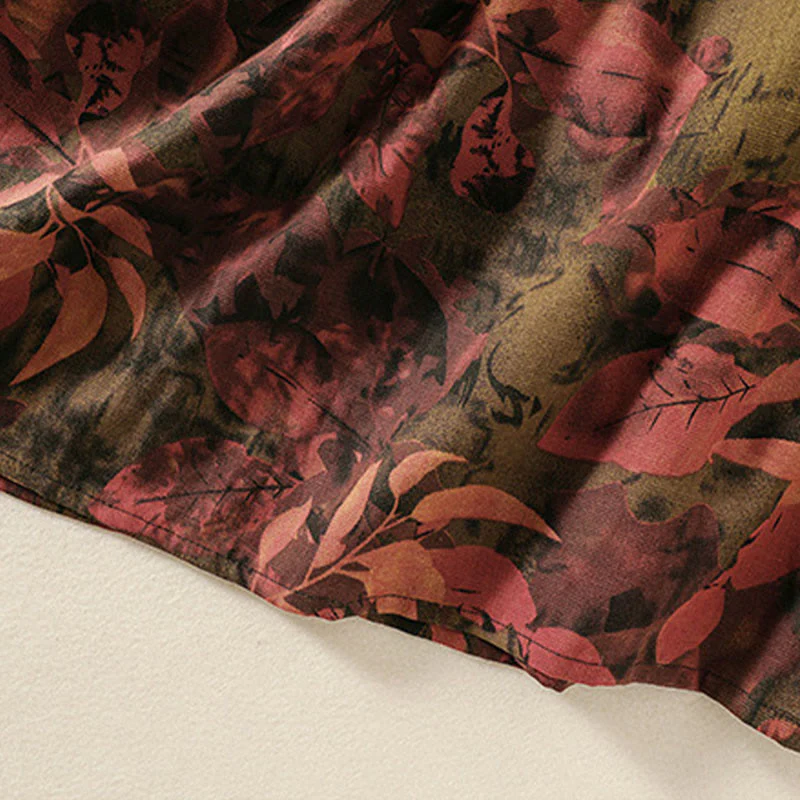 Buddha Stones Casual Printing Drawstring Chinese Frog-Button Cotton Linen Midi Dress With Pockets