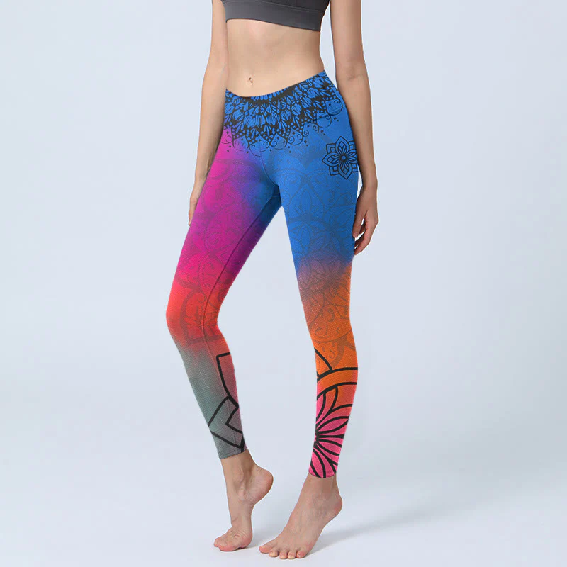 Buddha Stones Rose Red Blue Mandala Flower Print Gym Leggings Women's Yoga Pants