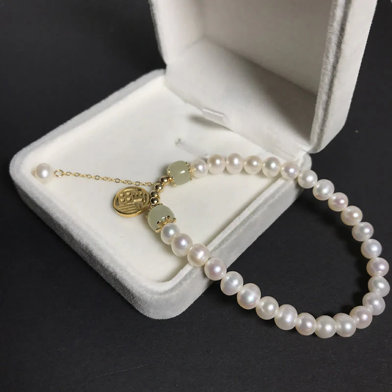 Buddha Stones Natural Pearl Hetian Jade Happiness Wisdom Bead Bracelet