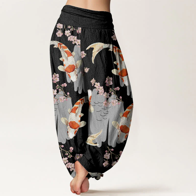 Buddha Stones Casual Koi Fish Cherry Blossom Pattern Women's Elastic Waist Harem Pants