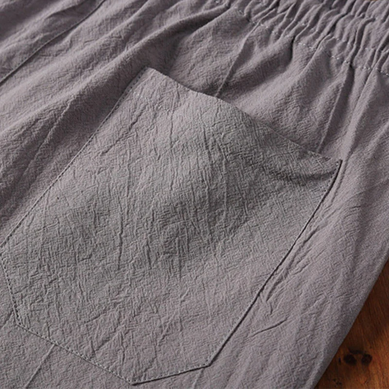 Buddha Stones Summer Casual 2Pcs Plain Notched Collar T-Shirt Drawstring Shorts With Pockets Cotton Linen Men's Meditation Cloth Set