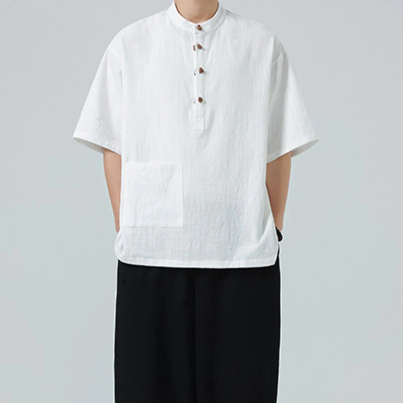 Buddha Stones Casual Half Frog-Button Design Stand Collar Tang Suit Men's Half Sleeve Cotton Shirt With Pocket