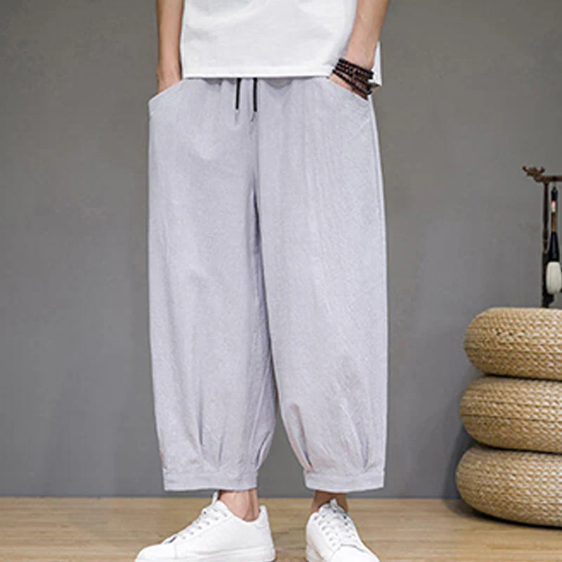 Buddha Stones Simple Cotton Men's Cropped Capri Harem Pants With Pockets