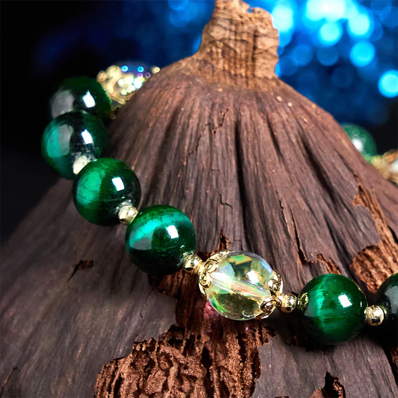 Buddha Stones Natural Green Tiger Eye Beads Green Leaf Positive Bracelet