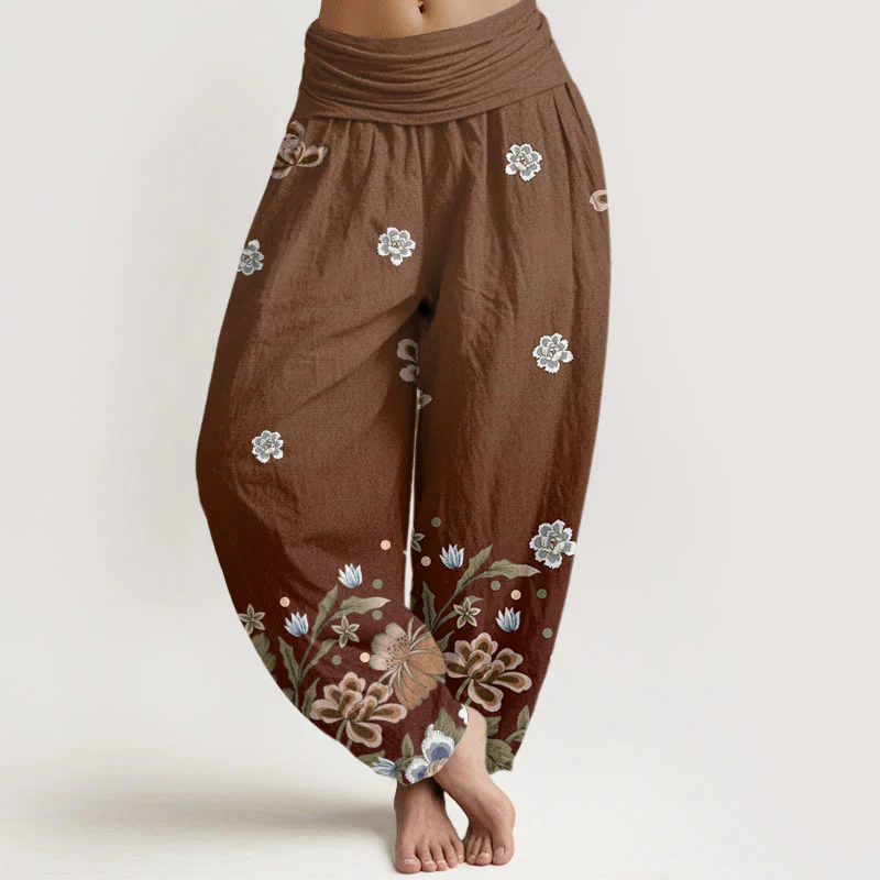 Buddha Stones Casual Blooming Flowers Pattern Women's Elastic Waist Harem Pants