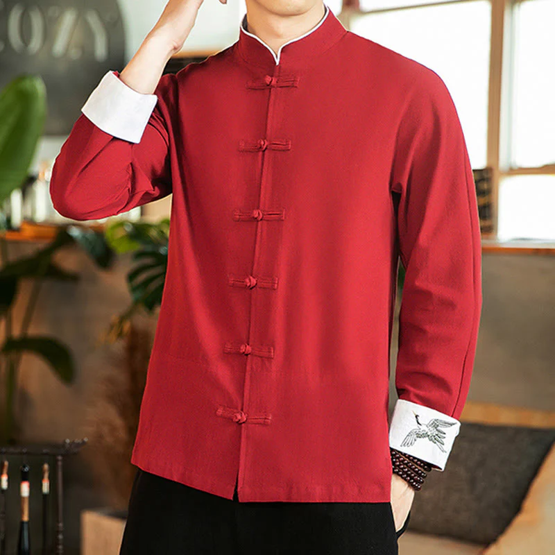 Buddha Stones Tang Suit Frog-Button Crane Embroidery Long Sleeve Cotton Men's Shirt
