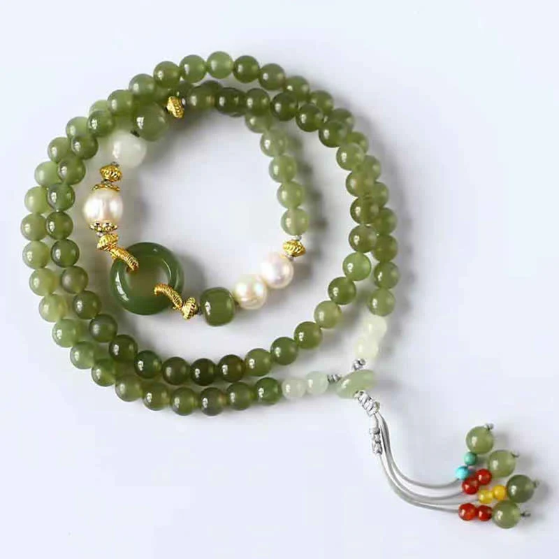 Buddha Stones Hetian Jade Pearl Peace Buckle Luck Wealth String Bracelet