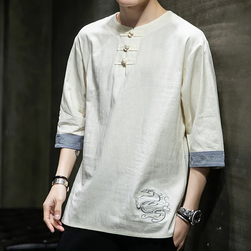 Buddha Stones Summer Embroidery Plain Frog-Button Men's Crew Neck Half Sleeve Cotton Linen Shirt Clothing